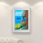 Lake Como oil painting on canvas with rich impasto texture hanging in a modern living room with a white sofa