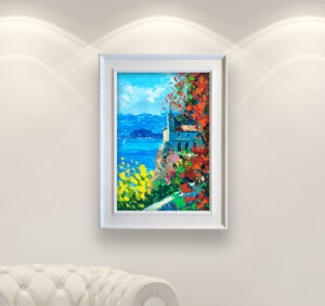 Lake Como oil painting on canvas with rich impasto texture hanging in a modern living room with a white sofa