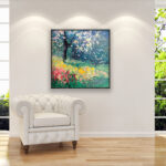 Landscape painting, original oil painting on canvas hanging in a modern living room with a white sofa and home decor