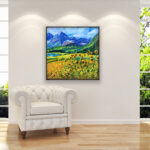 Colorado Rockies Mountains painting, original oil painting on canvas hanging in a modern living room with a white sofa and home decor