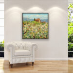 Spring Bloom in Tuscany, landscape painting, original oil painting on canvas hanging in a modern living room with a white sofa and home decor