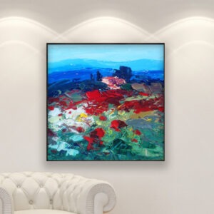 Landscape painting, original oil painting on canvas hanging in a modern living room with a white sofa and home decor