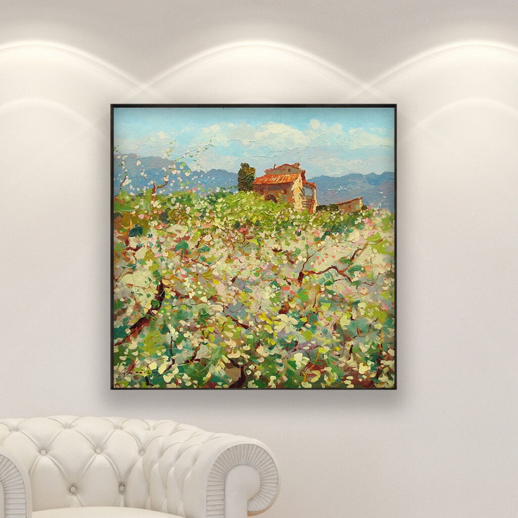 Spring Bloom in Tuscany, landscape painting, original oil painting on canvas hanging in a modern living room with a white sofa and home decor