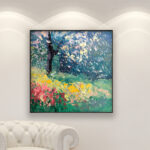 Landscape painting, original oil painting on canvas hanging in a modern living room with a white sofa and home decor