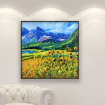 Colorado Rockies Mountains painting, original oil painting on canvas hanging in a modern living room with a white sofa and home decor