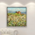 Spring Bloom in Tuscany, landscape painting, original oil painting on canvas hanging in a modern living room with a white sofa and home decor