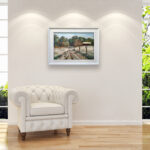 Snowy Landscape Oil Painting on Canvas hanging in a modern living room with a white sofa and home decor