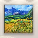 Colorado Rockies Mountains painting, original oil painting on canvas hanging in a modern living room with a white sofa and home decor