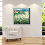 Tuscan Blooming Trees Landscape Painting on Canvas hanging in a modern living room with a white sofa and home decor