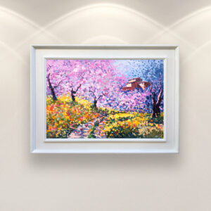 Blooming peach trees in Tuscany, impressionist oil painting on canvas of a countryside landscape , framed, perfect for bedroom wall decor and as unique gift for her, displayed on the wall above a white sofa in a stylish living room