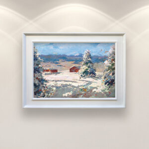 Impressionist Snowy Mountains Landscape Oil Painting on Canvas displayed in a living room with a white sofa