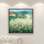 Tuscan Blooming Trees Landscape Painting on Canvas hanging in a modern living room with a white sofa and home decor