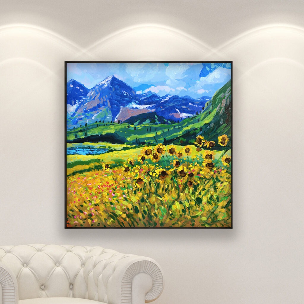 Colorado Rockies Mountains painting, original oil painting on canvas hanging in a modern living room with a white sofa and home decor