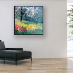 Landscape painting, original oil painting on canvas hanging in a modern living room with a black sofa and home decor