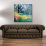 Landscape painting, original oil painting on canvas hanging in a modern living room with a brown sofa and home decor