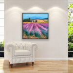 Lavender painting, original oil painting on canvas hanging in a modern living room with a white sofa and home decor