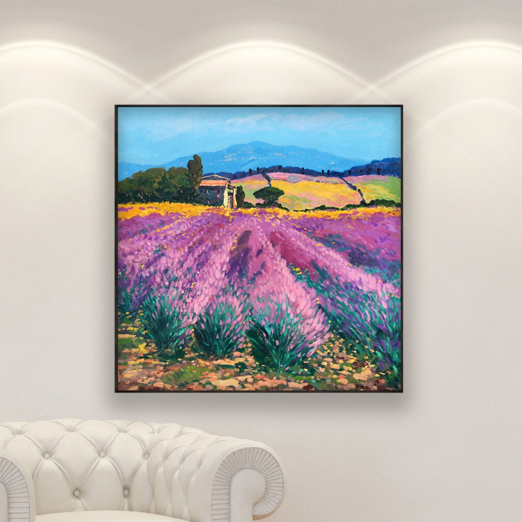 Lavender painting, original oil painting on canvas hanging in a modern living room with a white sofa and home decor