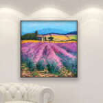 Lavender painting, original oil painting on canvas hanging in a modern living room with a white sofa and home decor