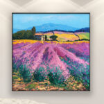 Lavender painting, original oil painting on canvas hanging in a modern living room with a white sofa and home decor