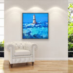 Lighthouse painting, original oil painting on canvas hanging in a modern living room with a white sofa and home decor