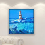 Lighthouse painting, original oil painting on canvas hanging in a modern living room with a white sofa and home decor