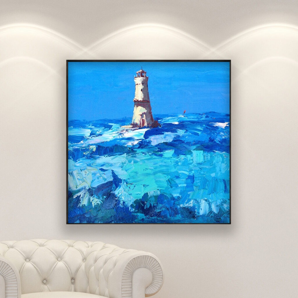 Lighthouse painting, original oil painting on canvas hanging in a modern living room with a white sofa and home decor