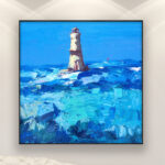 Lighthouse painting, original oil painting on canvas, hanging on a modern wall