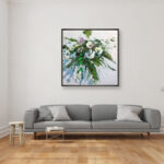 Magnolia flowers oil painting on canvas, original modern textured floral wall art, framed, perfect for living room wall decor and as unique gift for her, displayed on the wall above a sofa in a stylish living room