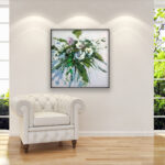 Magnolia flowers oil painting on canvas, original modern textured floral wall art, framed, perfect for living room wall decor and as unique gift for her, displayed on the wall above a sofa in a stylish living room