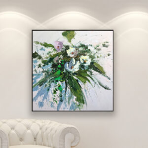 Magnolia flowers oil painting on canvas, original modern textured floral wall art, framed, perfect for living room wall decor and as unique gift for her, displayed on the wall above a sofa in a stylish living room