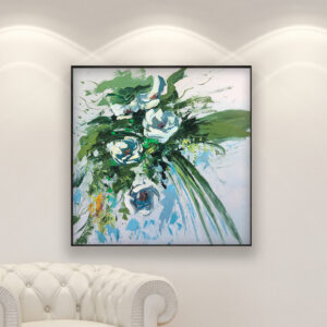 Magnolia flowers oil painting on canvas, original modern textured floral wall art, framed, perfect for living room wall decor and as unique gift for her, displayed on the wall above a sofa in a stylish living room