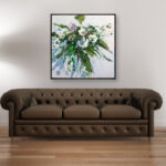 Magnolia flowers oil painting on canvas, original modern textured floral wall art, framed, perfect for living room wall decor and as unique gift for her, displayed on the wall above a sofa in a stylish living room