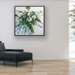 Magnolia flowers oil painting on canvas, original modern textured floral wall art, framed, perfect for living room wall decor and as unique gift for her, displayed on the wall above a sofa in a stylish living room