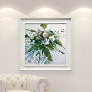 Magnolia painting, original oil painting on canvas hanging in a modern living room with a white sofa and home decor