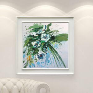 Magnolia painting, original oil painting on canvas hanging in a modern living room with a white sofa and home decor