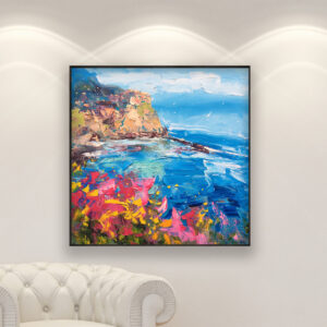 Manarola Cinque Terre painting, original oil painting on canvas hanging in a modern living room with a white sofa