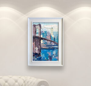 New York Brooklyn Bridge painting on canvas hanging on a modern wall, viewed from a medium distance.