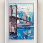 New York Brooklyn Bridge painting on canvas with rich impasto texture hanging on a modern wall