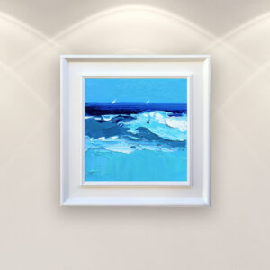 Ocean oil painting on canvas, original modern textured beach wall art, framed, perfect for kitchen wall decor and as unique gift ideas, displayed on the wall in a stylish room