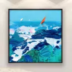 Ocean painting with sailboat, original oil painting on canvas, hanging on a modern wall