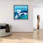 Ocean painting with sailboat, original oil painting on canvas hanging in a modern living room with a beige sofa and home decor