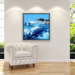 Ocean painting, original oil painting on canvas hanging in a modern living room with a white sofa and home decor