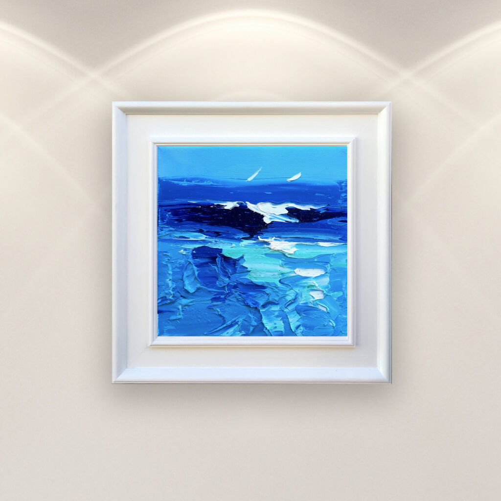 Ocean oil painting on canvas, original modern textured beach wall art, framed, perfect for bedroom wall decor and as unique gift ideas, displayed on the wall in a stylish room