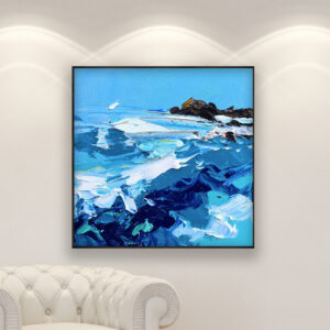 Ocean painting, original oil painting on canvas hanging in a modern living room with a white sofa and home decor