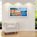 Portofino Italy painting, original oil painting on canvas hanging in a modern living room with a white sofa and home decor