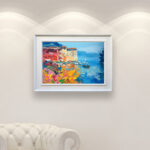 Portofino painting, original oil painting on canvas hanging in a modern living room with a white sofa and home decor