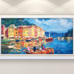 Portofino Italy painting, original oil painting on canvas hanging in a modern living room with a white sofa and home decor