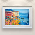 Portofino painting, original oil painting on canvas hanging in a modern living room with a white sofa and home decor