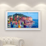 Portofino painting, original oil painting on canvas hanging in a modern living room with a white sofa and home decor