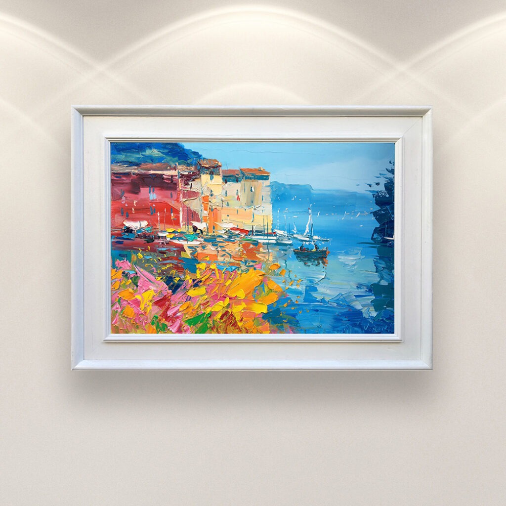 Portofino painting, original oil painting on canvas hanging in a modern living room with a white sofa and home decor